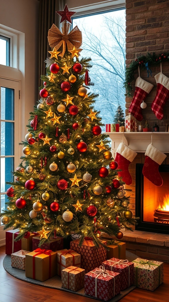 A cozy Christmas scene with a decorated tree, gifts, and a fireplace.